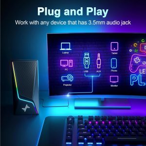 Computer Speakers, PC Speakers with 6 Lighting Modes, USB Powered Computer Speakers for Desktop Monitor with 2 Bass-Boost Ports, 2 Speaker Units, and 3.5mm Aux-in Cable for PC, Laptop, Tablet, Phone