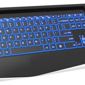 Wireless Keyboard with 7 Colored Backlits, Wrist Rest, Phone Holder, Rechargeable Ergonomic Computer Keyboard with Silent Keys, Full Size Lighted Keyboard for Windows, MacBook, PC, Laptop (Black)